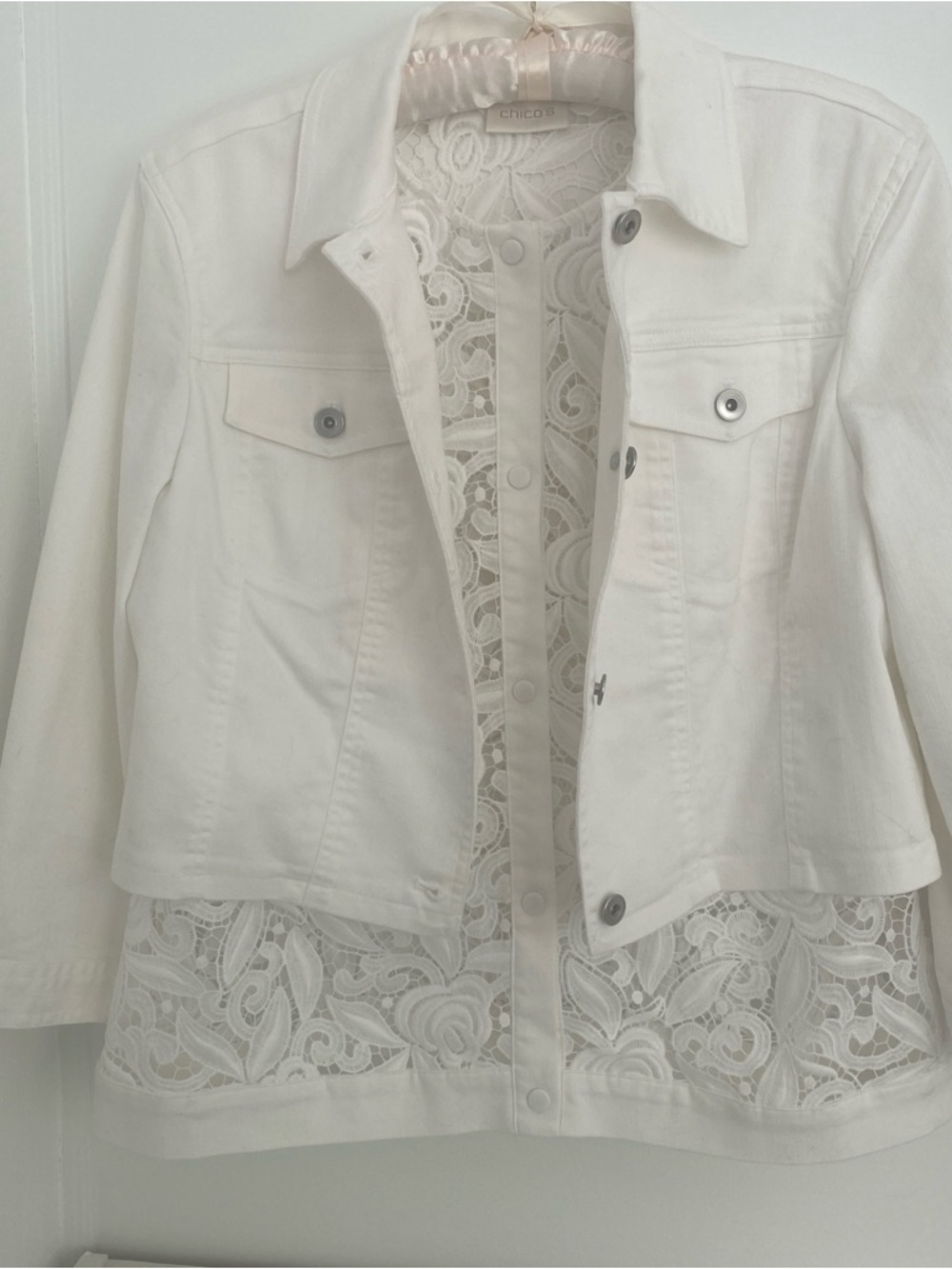 Chico's White Lace-Back Crop Denim Jacket